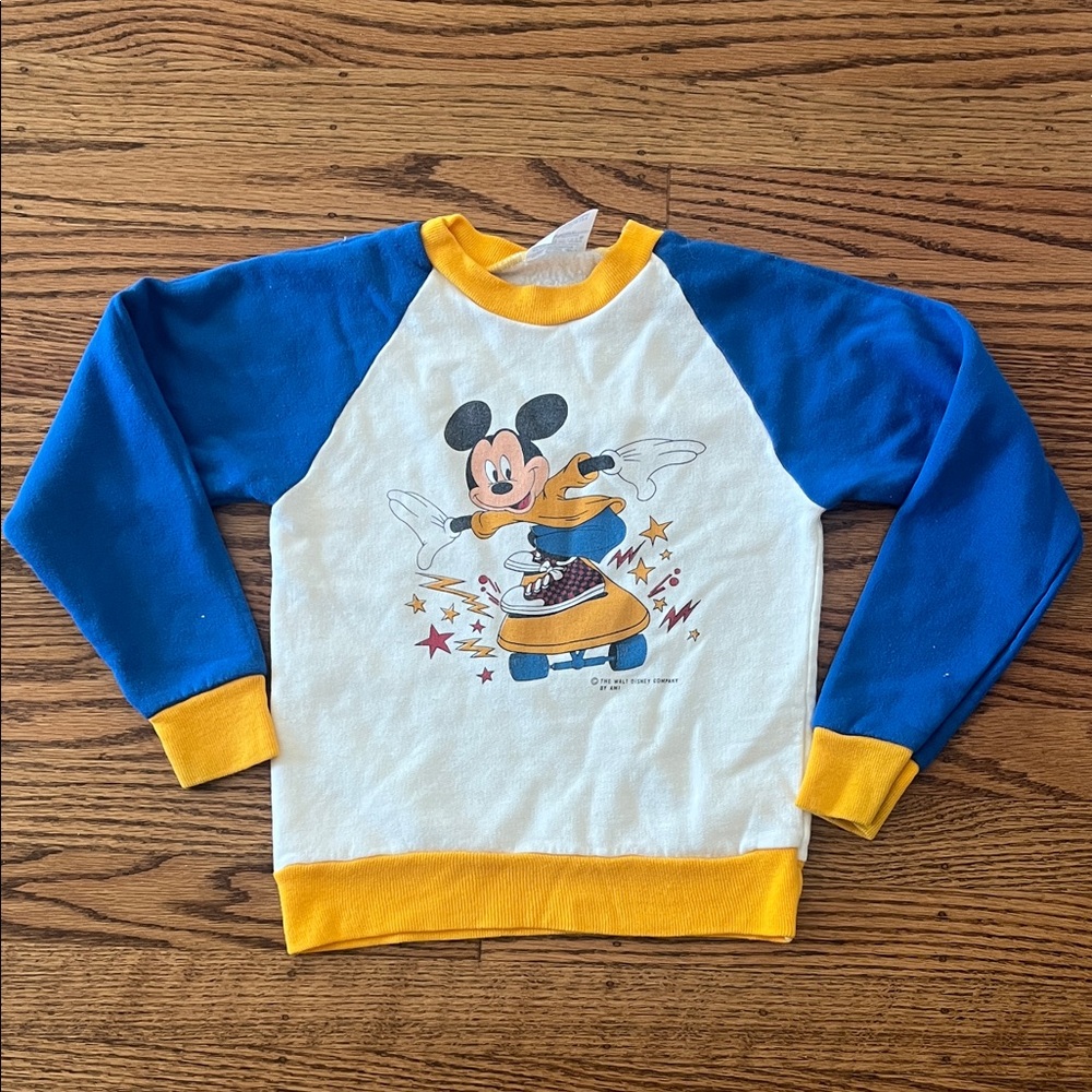 Vintage 90s Mickey Mouse Blue and Yellow Kids Sweatshirt